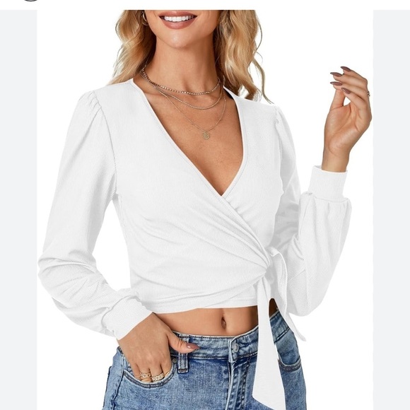 Lyaner Tops - Lyansr Long Sleeve deep V Semi Sheer Tie Front Crop top wrap NWOT SZ M